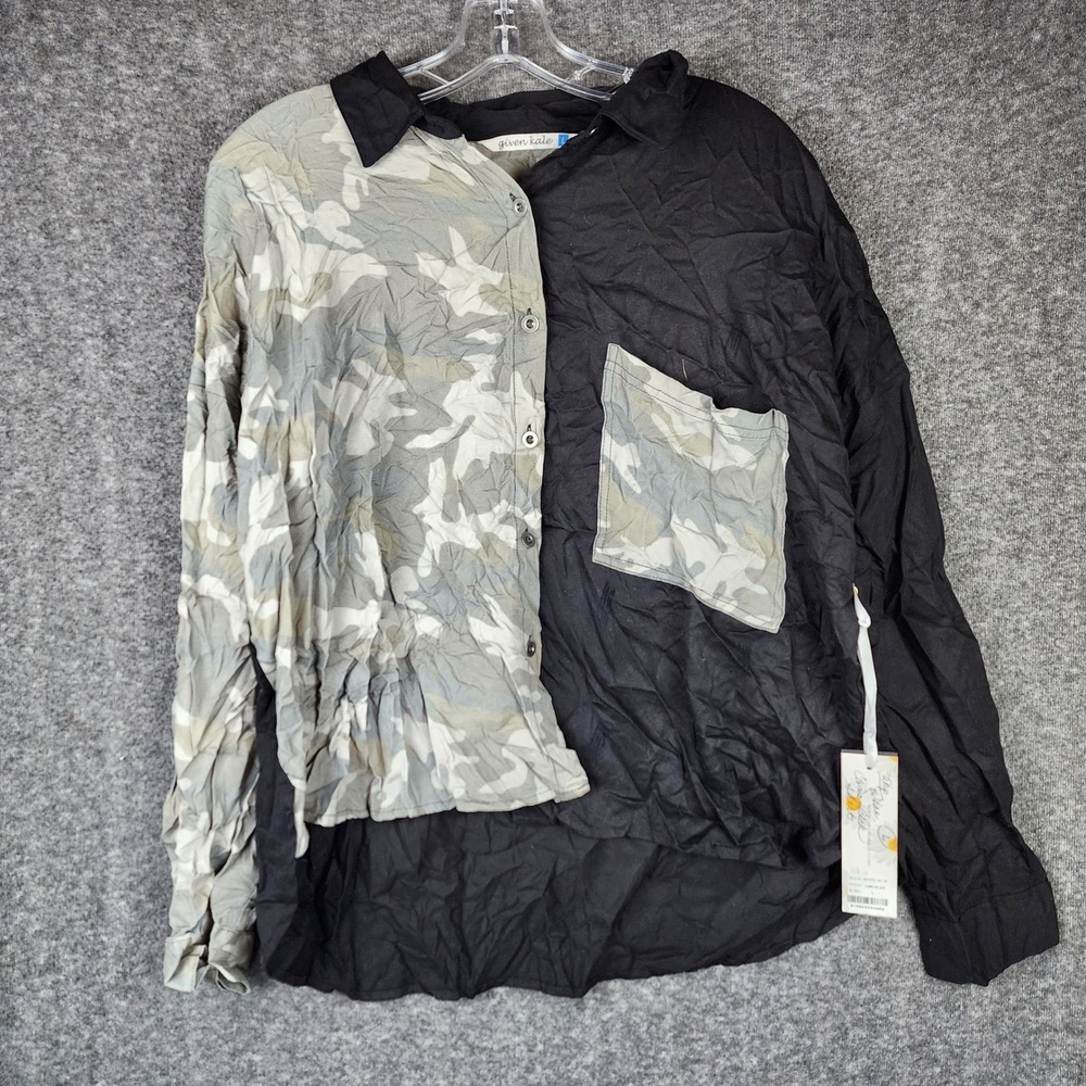 Given Kale Button Down Shirt Womens Large Camo Colorblock Edgy SP1915-38-30